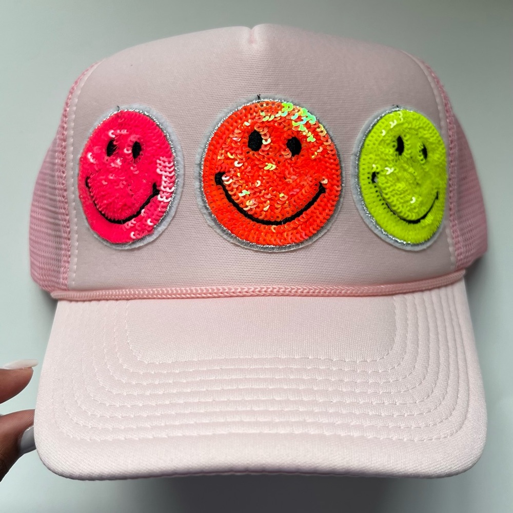 Pink Tri-Smiley Sequins Foam Front Trucker Hat